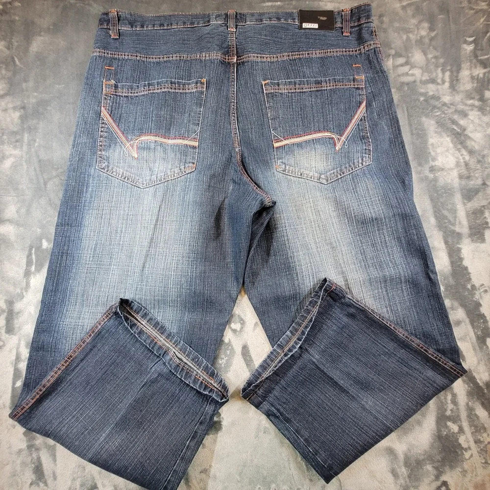Qruel Jeans Company Mens 50x32 Wide Leg Denim Dark Wash Orange Stitch Blue
